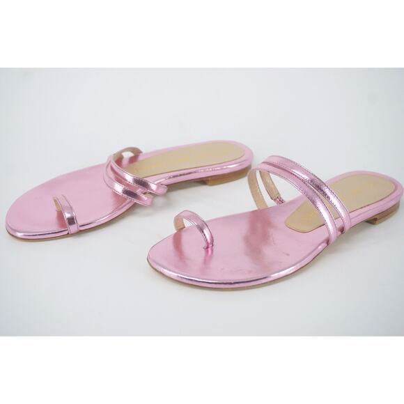 Stuart Weitzman Leonita Slide Pink Metallic Leather Sandals Size 6 New Flat $350 - Picture 2 of 12